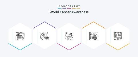 pacote de ícones de 25 linhas de conscientização mundial sobre o câncer, incluindo conscientização. anúncio. cigarro. scanner. oncologia vetor