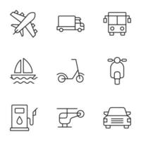 coleção de nove ícones de linha de avião, caminhão, ônibus, barco a vela, scooter, posto de gasolina, helicóptero, para lojas, lojas, anúncios, aplicativos, interface do usuário. traços editáveis minimalistas vetor