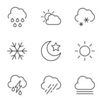 coleção de nove ícones de linha de chuva, sol sobre nuvem, neve, estrela por lua, sol, chuva, neblina para lojas, lojas, anúncios, aplicativos, interface do usuário. traços editáveis minimalistas vetor