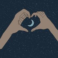 as mãos mostram o coração na noite de luar. ilustração em vetor romântico com silhueta de gesto de mão em fundo estrelado. lua no céu estrelado