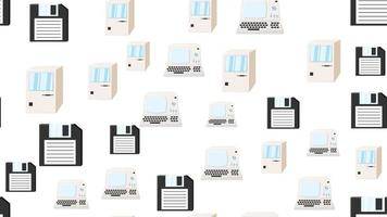 computador sem fim sem costura padrão com computadores retrô antigos, disquetes de pc e hipster branco vintage dos anos 70, 80, 90 isolados no fundo branco. ilustração vetorial vetor