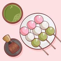 dango fofo com ilustração de desenhos animados de chá verde japonês vetor