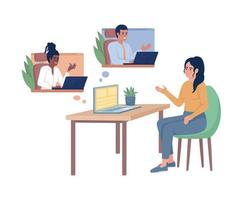 reunião de trabalho on-line personagem de vetor de cor semiplana. figuras editáveis. personagem de corpo inteiro em branco. comunicação por vídeo ilustração simples de estilo cartoon para web design gráfico e animação