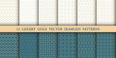 um conjunto de 12 luxuosos padrões geométricos dourados para impressão e design, linhas douradas sobre um fundo branco e verde esmeralda. padrões modernos e elegantes