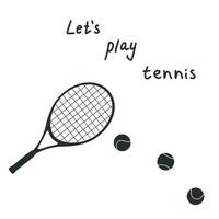 ilustração de silhueta vetorial plana em estilo infantil. raquete de tênis desenhada à mão e bolas. vamos jogar tênis. vetor