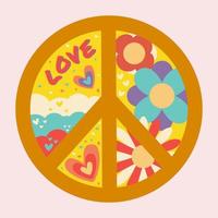 ícone, adesivo no estilo hippie com sinal de paz violeta, amor de texto e flores e corações em fundo bege. Estilo retrô vetor