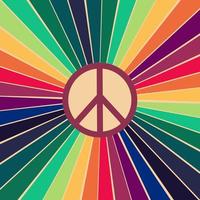 ícone, etiqueta no estilo de um hippie com um sinal de paz no fundo de raios coloridos vetor