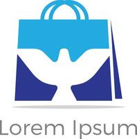 logotipo da sacola de compras, design vetorial de bolsa de viagem, ilustração de pássaro na bolsa vetor