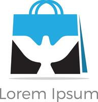 logotipo da sacola de compras, design vetorial de bolsa de viagem, ilustração de pássaro na bolsa vetor