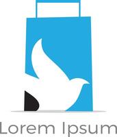 logotipo da sacola de compras, design vetorial de bolsa de viagem, ilustração de pássaro na bolsa vetor