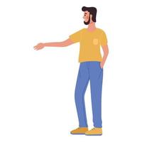 um homem de calça azul e camiseta amarela dá uma mão. um jovem com o braço estendido para a frente. ilustração em vetor quadrado.