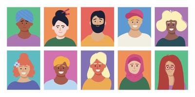 conjunto de avatares de pessoas felizes, personagens em quadrados coloridos. homens e mulheres de diferentes culturas e nacionalidades. diversidade social. ilustração em vetor plana.