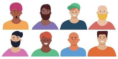 um conjunto de avatares de homens felizes, caras de diferentes culturas e nacionalidades. diversidade social. ilustração em vetor plana.