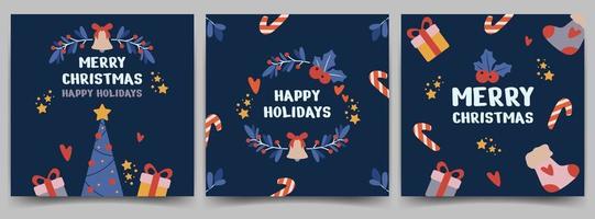 cartões de férias de natal. modelos de cartão postal com árvore de natal, presentes, meias, palitos de natal em um fundo escuro. ilustração vetorial. vetor