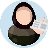 obtendo carteira de motorista. mulher árabe em hijab. certidão e documento. mão segure o cartão de plástico. garota de vestido nacional. treinamento em autoescola. ícone plano para app vetor