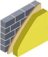 parede de tijolos em isometria com camadas de gesso e isolamento. material para reparos domésticos. construção de edifícios. esquema de aplicação de camada azul e amarela vetor