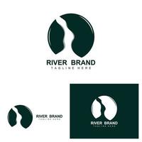 design de logotipo do rio, vetor de riacho do rio, ilustração ribeirinha com uma combinação de montanhas e natureza, marca do produto