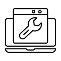 ilustração do ícone do laptop com chave inglesa. apropriado para o ícone da ferramenta de edição. ícone relacionado ao desenvolvedor. estilo de ícone de linha. adequado para aplicativos, sites, aplicativos móveis. design vetorial simples editável vetor
