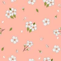 padrão perfeito com flores brancas de cerejeira em um fundo rosa. gráficos vetoriais. vetor