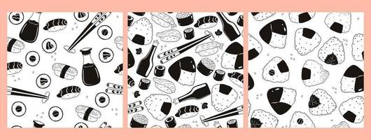 conjunto de padrões sem costura preto e brancos com sushi e onigiri. gráficos vetoriais. vetor