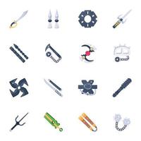 conjunto de ícones planos de armas afiadas ninja vetor