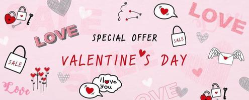 ofertas especiais do dia dos namorados e banner de loja com redação de venda e símbolos de amor no fundo padrão de papel rosa. vetor