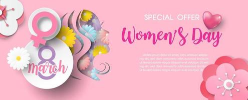 banner de pôster do dia internacional da mulher em estilo de corte de papel e design vetorial com ofertas especiais de redação de venda em fundo rosa. vetor