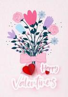 buquê de flores de cartão de dia dos namorados com coração vermelho e redação de dia dos namorados em estilo plano e de corte de papel em fundo rosa. vetor