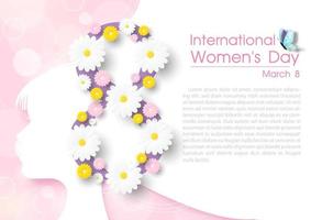 flores coloridas em close na forma número 8 e silhueta branca das mulheres da cabeça com redação do evento do dia da mulher, textos de exemplo e fundo rosa desfocado e bokeh. vetor