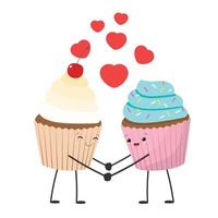 par de cupcakes apaixonados. conceito para dia dos namorados com sobremesas e coração. par de muffins. ilustração vetorial. vetor