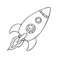 Doodle de foguete com gato astronauta isolado no fundo branco. ilustração vetorial de contorno desenhada à mão da nave espacial fly. pode ser usado para livro de colorir para crianças. vetor