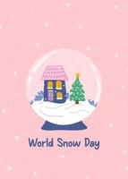 dia mundial da neve. globo de neve de vidro com casa, árvore de natal e flocos de neve. modelo de inverno. ilustração em vetor estilo simples.