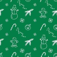 Natal bonito branco doodle padrão sem emenda sobre o fundo verde. ilustração vetorial isolada. papel de presente de natal. clima de ano novo. decoração de inverno. vetor