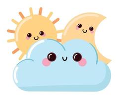 nuvem sol e lua clima kawaii vetor