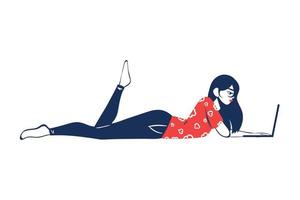 mulher relaxando e usando laptop vetor