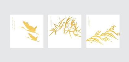 fundo japonês com ícone asiático e vetor de símbolo. pássaros do guindaste, bambu e elementos de onda com textura de ouro em branco em estilo vintage.