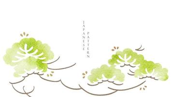 fundo japonês com vetor de decoração de árvore bonsai. design de banner de paisagem natural com padrão de onda japonesa em estilo vintage.
