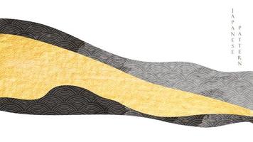 fundo de paisagem de arte com vetor de textura de ouro e preto. padrão de onda japonesa com elementos de linha e banner de floresta de montanha em estilo vintage.