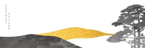 arte abstrata da paisagem com fundo de textura ouro e preto. elementos da floresta de montanha com padrão japonês. design de modelo de apresentação, pôster, panfleto, planos de fundo do site, banner do twitter. vetor