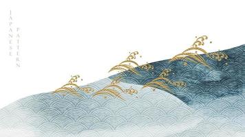 fundo da arte abstrata com vetor de textura em aquarela. paisagem montanhosa com bandeira de ícone de onda japonesa em estilo vintage.