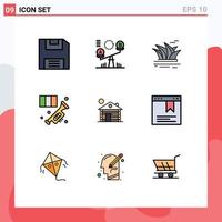 pacote de interface do usuário de 9 cores planas básicas de linhas preenchidas do instrumento de cultura musical do hotel, elementos de design de vetores editáveis de latão