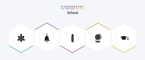 pacote de ícones de 25 glifos escolares, incluindo . chapéu da graduação. lápis. Educação. globo vetor