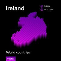 Mapa 3D da Irlanda. mapa vetorial listrado isométrico digital neon estilizado nas cores violeta e rosa no fundo preto vetor