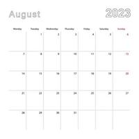 calendário de parede simples para agosto de 2023 com linhas pontilhadas. o calendário está em inglês, a semana começa na segunda-feira. vetor