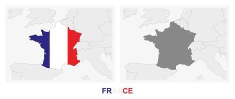 duas versões do mapa da frança, com a bandeira da frança e destacada em cinza escuro. vetor