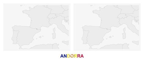 duas versões do mapa de andorra, com a bandeira de andorra e realçada a cinzento escuro. vetor