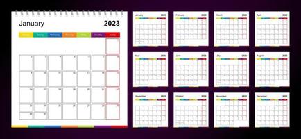 calendário de parede colorido para 2023 em fundo escuro, a semana começa na segunda-feira. vetor