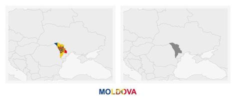 duas versões do mapa da moldávia, com a bandeira da moldávia e destacada em cinza escuro. vetor