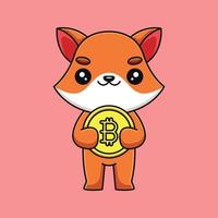 raposa bonita segurando bitcoin mascote dos desenhos animados doodle arte mão desenhada contorno conceito vetor ilustração ícone kawaii