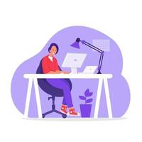 designer gráfico no local de trabalho. mulher freelancer sentada no espaço de trabalho vetor